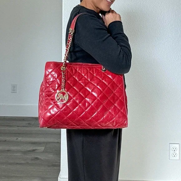 Michael Kors Susannah Red Quilted Chain Shopper Tote Bag